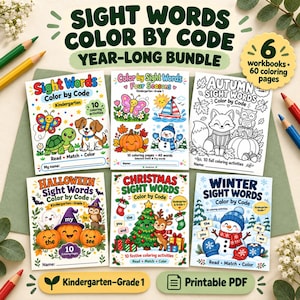 Può includere: Un pacchetto digitale di sei quaderni di esercizi intitolati Sight Words Color by Code, contenente 60 pagine da colorare per la scuola dell'infanzia e la prima elementare. Le copertine mostrano illustrazioni colorate di animali e temi stagionali.