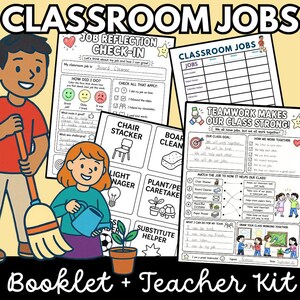 Könnte beinhalten: Ein Klassenzimmer-Aufgaben-Set für Lehrkräfte mit gedruckten Arbeitsblättern für Aufgaben wie Tafelreiniger, illustriert mit Zeichentrickfiguren, inklusive eines Reflexionsbogens und eines Arbeitsblattes zur Teamarbeit.