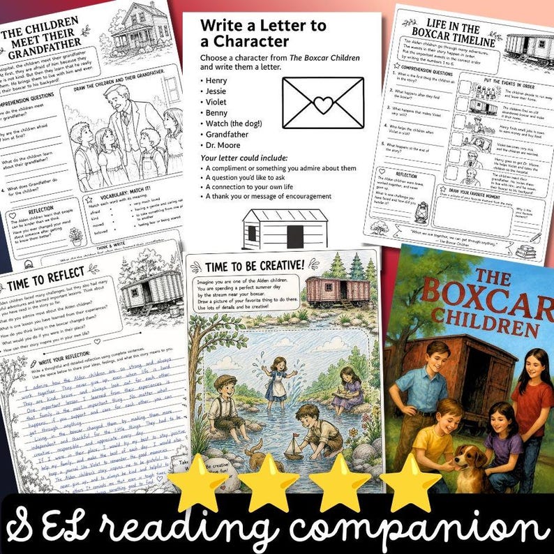 May include: A collection of educational worksheets and a book cover for The Boxcar Children. The pages feature black and white illustrations, reading comprehension questions, writing prompts, and a colourful book cover depicting four children and a dog.