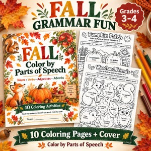 Könnte beinhalten: Ein Fall Grammar Fun Lernheft für die Klassen 3-4 mit einem Cover, das einen Fuchs, einen Kürbis und Herbstblätter zeigt. Enthält zwei schwarz-weiße Arbeitsblätter mit den Titeln Pumpkin Patch und Woodland Friends für Malübungen.