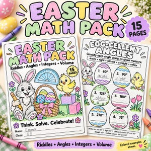 May include: An Easter math pack worksheet set featuring 15 pages of educational activities. The cover displays a cartoon rabbit, a chick, a basket of decorated eggs, and a protractor. The second page shows egg-shaped math problems about angles.
