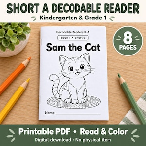 Puede incluir: Un folleto blanco titulado Sam the Cat con un dibujo lineal en blanco y negro de un gatito sentado sobre una alfombra. La portada incluye el texto Decodable Readers K-1, Book 1 Short a y una línea para un nombre. Una insignia verde indica 8 páginas.