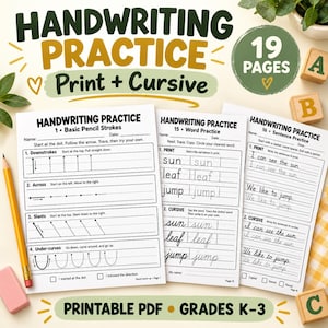 May include: A set of handwriting practice worksheets featuring print and cursive exercises. The pages include sections for basic pencil strokes, word practice, and sentence practice with dotted lines for tracing. A yellow pencil and pink eraser are included.