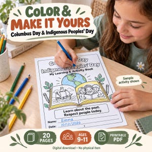 Puede incluir: Un libro de actividades imprimible titulado Columbus Day & Indigenous Peoples' Day My Learning & Activity Book. La página presenta una ilustración para colorear de un globo terráqueo, un barco y niños leyendo, con el texto Learn about the past. Respect people today.