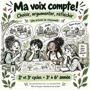 May include: A black and white educational poster titled Ma voix compte! featuring four children at a table with thought bubbles showing a reading corner, a garden, and a playground. Text includes "Choisir, argumenter, réfléchir" and "Nos idées pour demain" with green leaf accents.