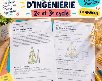 May include: Two educational worksheets titled 8 DÉFIS D'INGÉNIERIE 2e et 3e cycle featuring engineering challenges. The pages include text in French, diagrams of a tower made of spaghetti and marshmallows, and handwritten notes on a wooden surface.