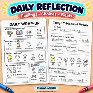 Puede incluir: Un conjunto de hojas de trabajo Daily Reflection que incluye una página Daily Wrap-Up con iconos para sentimientos, elecciones y metas, y una página Today I Think About My Day con respuestas escritas a mano. El texto incluye frases como What did I enjoy today.
