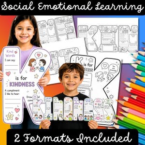 Puede incluir: Un conjunto de hojas de trabajo educativas imprimibles tituladas Social Emotional Learning con la letra K para Kindness. Las fichas de actividades en blanco y negro incluyen ilustraciones de niños, corazones, estrellas y ejercicios de escritura.