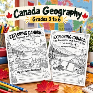 Könnte beinhalten: Zwei Kanada-Geografie-Arbeitshefte für die Klassen 3 bis 6. Das linke Buch trägt den Titel Exploring Canada The Provinces and Territories My Discovery Workbook. Das rechte Buch trägt den Titel Exploring Canada The Provinces and Territories My Inquiry Workbook.
