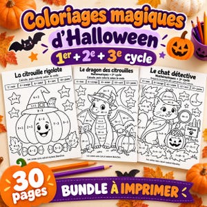 Puede incluir: Un paquete de actividades imprimibles de Halloween con tres páginas para colorear basadas en matemáticas tituladas Coloriages magiques d'Halloween. Las hojas incluyen una calabaza, un dragón y un gato con problemas aritméticos.
