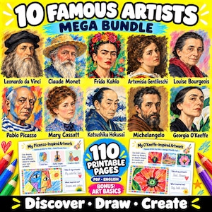 Puede incluir: Un paquete educativo digital titulado 10 Famous Artists Mega Bundle que presenta retratos de Leonardo da Vinci, Claude Monet, Frida Kahlo, Artemisia Gentileschi, Louise Bourgeois, Pablo Picasso, Mary Cassatt, Katsushika Hokusai, Michelangelo y Georgia O'Keeffe.