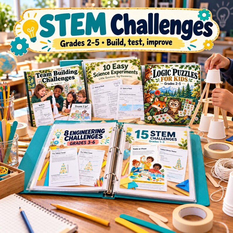 May include: A collection of STEM Challenges educational materials including a binder with activity sheets, three books titled Team Building Challenges, 10 Easy Science Experiments, and Logic Puzzles for Kids, plus craft supplies like wooden sticks and tape.