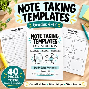 May include: A collection of note taking templates for students in grades 4-12, featuring Cornell notes, mind maps, and sketchnotes. The printed pages include structured layouts for organizing information, study guide printables, and a total of 40 pages.