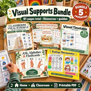 May include: A bundle of 5 educational resources including a Classroom Visual Schedule, Woodland Token Boards, Visual Timetable, ASL Alphabet & Flashcards, and a Feelings Thermometer. The set contains 91 pages of printable PDF materials.