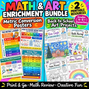 May include: A digital educational bundle titled Math & Art Enrichment Bundle featuring two sets of printable resources for grades 4-8. The left side displays metric conversion posters with charts and ladders, while the right side shows art project sheets inspired by Van Gogh, Keith Haring, Pablo Picasso, and Alma Thomas.
