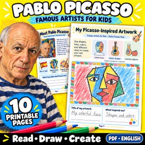 Op de afbeelding: Een digitaal educatief activiteitenpakket getiteld Pablo Picasso Famous Artists for Kids met 10 printbare pagina's. De vellen bevatten biografische informatie, tekenopdrachten en een sectie voor kinderen om hun eigen kubistische kunstwerk te maken.