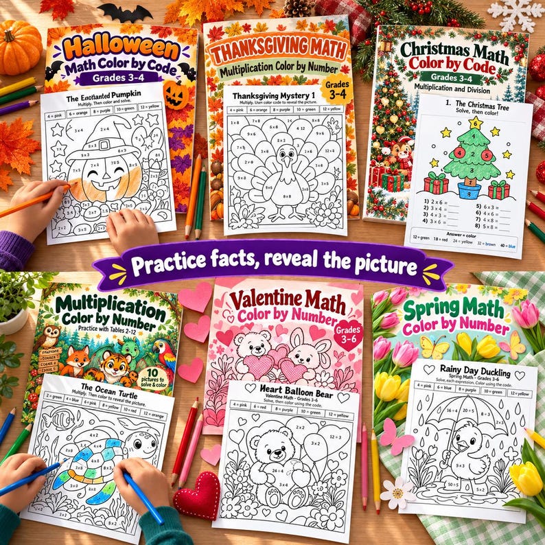 Multiplication Color by Number Bundle, Times Tables Practice All Year ...