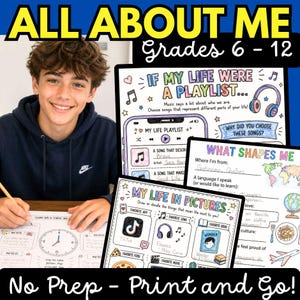 Pode incluir: Um conjunto de fichas educativas intitulado ALL ABOUT ME Grades 6-12, com secções como IF MY LIFE WERE A PLAYLIST, WHAT SHAPES ME e MY LIFE IN PICTURES. As páginas incluem ilustrações desenhadas à mão e texto escrito.
