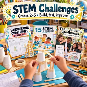 May include: Three educational books titled STEM Challenges, 8 Engineering Challenges Grades 3-6, and 15 STEM Challenges Grades 1-3, and Team Building Challenges. A structure made of white paper cups and wooden craft sticks sits in the foreground.