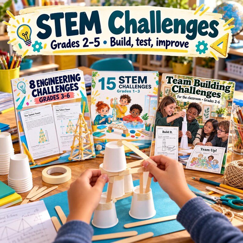 May include: Three educational books titled STEM Challenges, 8 Engineering Challenges Grades 3-6, and 15 STEM Challenges Grades 1-3, and Team Building Challenges. A structure made of white paper cups and wooden craft sticks sits in the foreground.