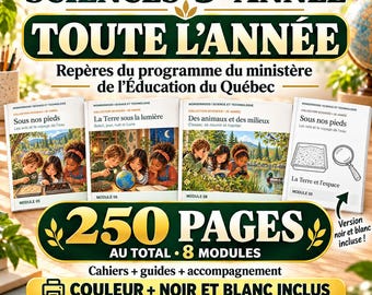 May include: Educational science workbooks for 3rd grade featuring the text SCIENCES 3E ANNÉE TOUTE L'ANNÉE. The set includes 8 modules with 250 pages total, offering both color and black and white printable PDF versions for students.
