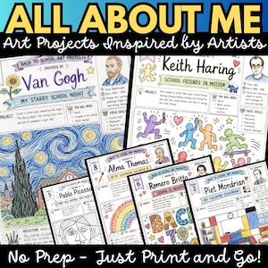 Op de afbeelding: Een verzameling educatieve kunstprojectwerkbladen getiteld ALL ABOUT ME Art Projects Inspired by Artists. De pagina's bevatten instructieve inhoud en illustraties geïnspireerd door Van Gogh, Keith Haring, Pablo Picasso, Alma Thomas, Romero Britto en Piet Mondrian, met tekst over projectdoelen, benodigde materialen en focusvaardigheden.
