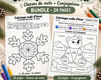 May include: Two printable educational worksheets titled Coloriages codés d'hiver featuring a snowflake with word categories and a bear on an ice floe for verb conjugation exercises, accompanied by colored pencils and pine branch decorations.