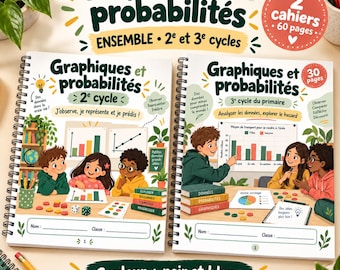 May include: Two spiral-bound educational workbooks titled Graphiques et probabilités, designed for 2nd and 3rd cycles. The covers feature colorful illustrations of children working with charts, graphs, and data, with spaces for a name and class at the bottom.