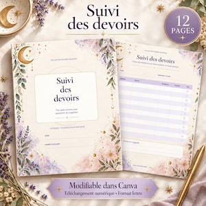May include: A 12-page homework tracker planner with a celestial theme featuring gold moons, stars, and lavender floral accents. The cover and interior pages display the text Suivi des devoirs, with fields for name, school year, and a weekly assignment table.