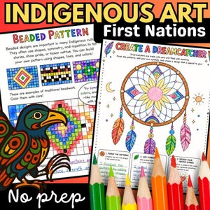 May include: Educational activity sheets titled Indigenous Art First Nations featuring a beaded pattern guide and a create a dreamcatcher coloring page. The sheets include colorful illustrations of a raven, geometric patterns, and a dreamcatcher.