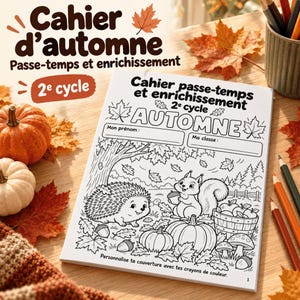 以下が含まれることがあります： Cahier passe-temps et enrichissement 2e cycle AUTOMNEというタイトルの白いアクティビティブック。ハリネズミ、リス、カボチャ、リンゴの籠が描かれた白黒の線画イラストが掲載されており、塗り絵として楽しむことができます。