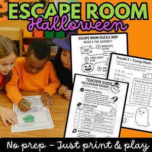 Può includere: Un kit di attività stampabile per escape room di Halloween con fogli di puzzle in bianco e nero, una guida per l'insegnante, un puzzle matematico sui dolci e una mappa. I documenti includono testo e disegni di fantasmi e zucche.