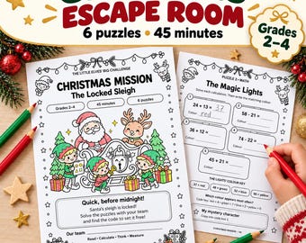May include: A printable Christmas escape room activity set featuring two pages with puzzles, maths problems, and illustrations of Santa, reindeer, and elves. The text includes 'Christmas Escape Room', 'Christmas Mission', and 'The Magic Lights'.