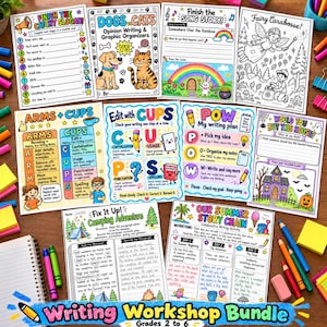 May include: A collection of ten educational writing activity worksheets featuring colorful illustrations, writing prompts, and graphic organizers for students, including titles like Finish the Catchy Slogan, Dogs vs Cats, and Our Summer Story Chain.