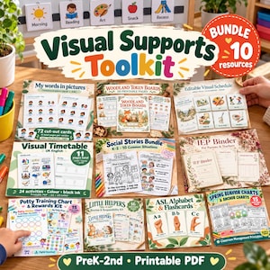 Visual Supports Toolkit Bundle, AAC Cards, Token Board, Editable Visual Schedule, Social Stories, IEP Binder, Potty Training Chart, PreK-2