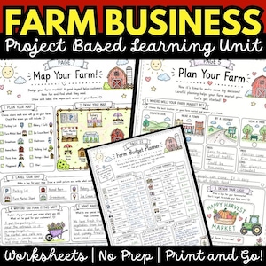 Puede incluir: Una unidad de aprendizaje basada en proyectos sobre negocios agrícolas con tres hojas de trabajo. Las páginas incluyen Map Your Farm, Plan Your Farm y Farm Budget Planner, con ilustraciones en blanco y negro de graneros y tractores.