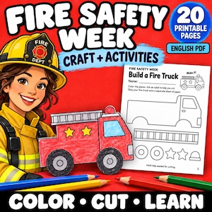 Op de afbeelding: Een knutsel- en activiteitenpakket voor de brandveiligheidsweek met 20 printbare pagina's in een Engelse PDF. De afbeelding toont een cartoon brandweerman, een ingekleurde papieren brandweerwagen, een knutselblad en kleurpotloden op een rode achtergrond.
