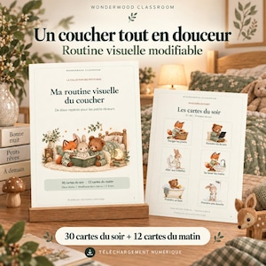 May include: Two printable visual routine cards featuring illustrations of a fox, rabbit, and bear. The text includes "Wonderwood Classroom," "Ma routine visuelle du coucher," and "Les cartes du soir." The cards display bedtime tasks like bathing and washing hands.
