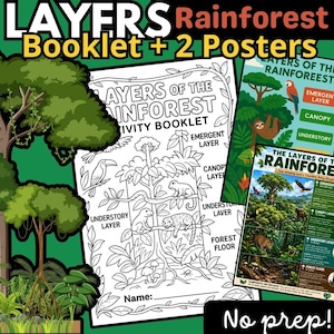 May include: A Layers of the Rainforest educational set featuring a black and white activity booklet with animal illustrations and two colourful posters depicting the emergent, canopy, understory, and forest floor layers with descriptive text.