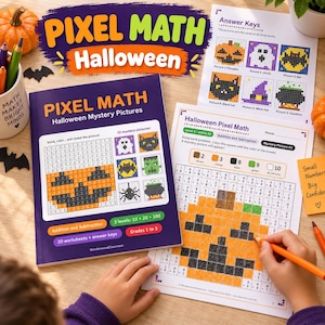 May include: A Pixel Math Halloween activity book and worksheets featuring grid-based mystery pictures. The cover displays a pumpkin graphic and text including Pixel Math Halloween Mystery Pictures. A worksheet shows a pumpkin being colored in.
