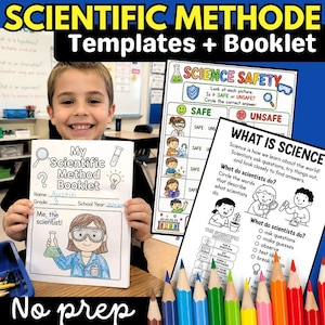 May include: A set of educational science worksheets and a booklet titled My Scientific Method Booklet, featuring black and white line art illustrations, text about science safety, and scientific inquiry, displayed with colourful sharpened pencils.