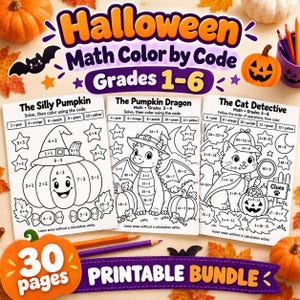 Puede incluir: Un paquete imprimible de matemáticas de Halloween para colorear según código para los grados 1-6, que incluye tres hojas de actividades tituladas The Silly Pumpkin, The Pumpkin Dragon y The Cat Detective con ecuaciones para resolver.