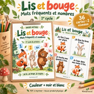 Peut inclure: Cartes d'activités éducatives intitulées Lis et bouge illustrées avec un renard, un lapin et un ours. L'ensemble comprend 36 cartes sur deux niveaux, affichant du texte français pour des exercices de mouvement, des nombres et des mots courants.