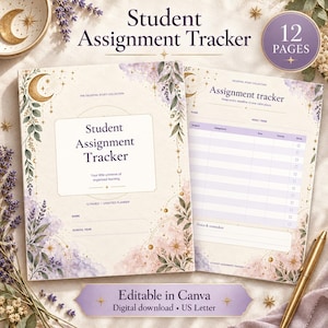 May include: A 12-page student assignment tracker planner with a celestial theme. The cover and interior pages feature cream backgrounds, purple floral accents, gold moons, and stars. Text includes Student Assignment Tracker and Editable in Canva.