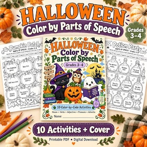 Può includere: Un libro di attività di Halloween da colorare in base alle parti del discorso per le classi 3-4. La copertina mostra un gatto nero con un cappello da strega viola, un gufo, un fantasma che legge un libro e una zucca. Include 10 attività di colorazione codificata.