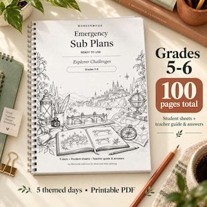 May include: A spiral-bound workbook titled Emergency Sub Plans Explorer Challenges for Grades 5-6. The cover features black-and-white line art of a landscape, a globe, a compass, and an open book. It includes 100 pages total, student sheets, and teacher guide.