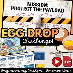 Op de afbeelding: Een educatieve Egg Drop Challenge wetenschapseenheid met een wit ei op een rasterachtergrond met natuurkundige vergelijkingen, geel-zwarte waarschuwingstape en een illustratie van een gebroken ei. Inclusief werkbladen voor het ontwerp.