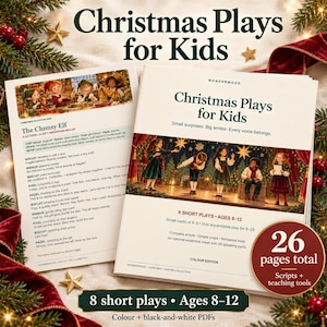 May include: A book titled Christmas Plays for Kids by Wonderwood, featuring a cover with children in festive attire on a stage. The book includes 8 short plays for ages 8-12, totalling 26 pages with scripts and teaching tools in colour.