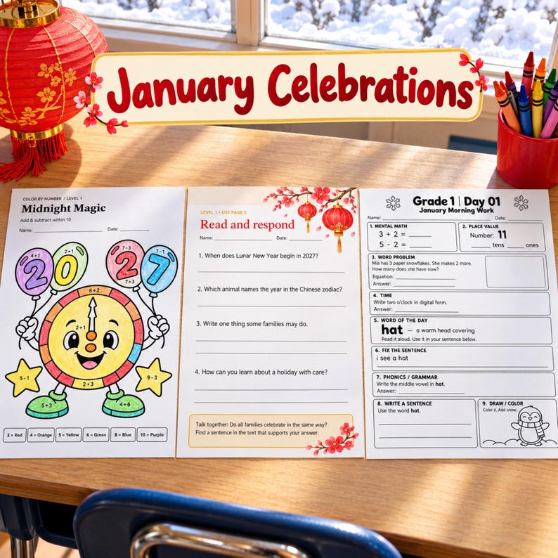 January Activities Bundle Grades 1-3, New Years Eve Color by Number ...