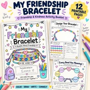 Könnte beinhalten: Ein druckbares Aktivitätsheft mit dem Titel My Friendship Bracelet mit farbenfrohen Illustrationen von Armbändern, einem Rucksack und Stiften. Die Seiten enthalten Abschnitte zum Entwerfen von Armbändern, zum Schreiben über Freundschaftsqualitäten und zum Ausmalen.